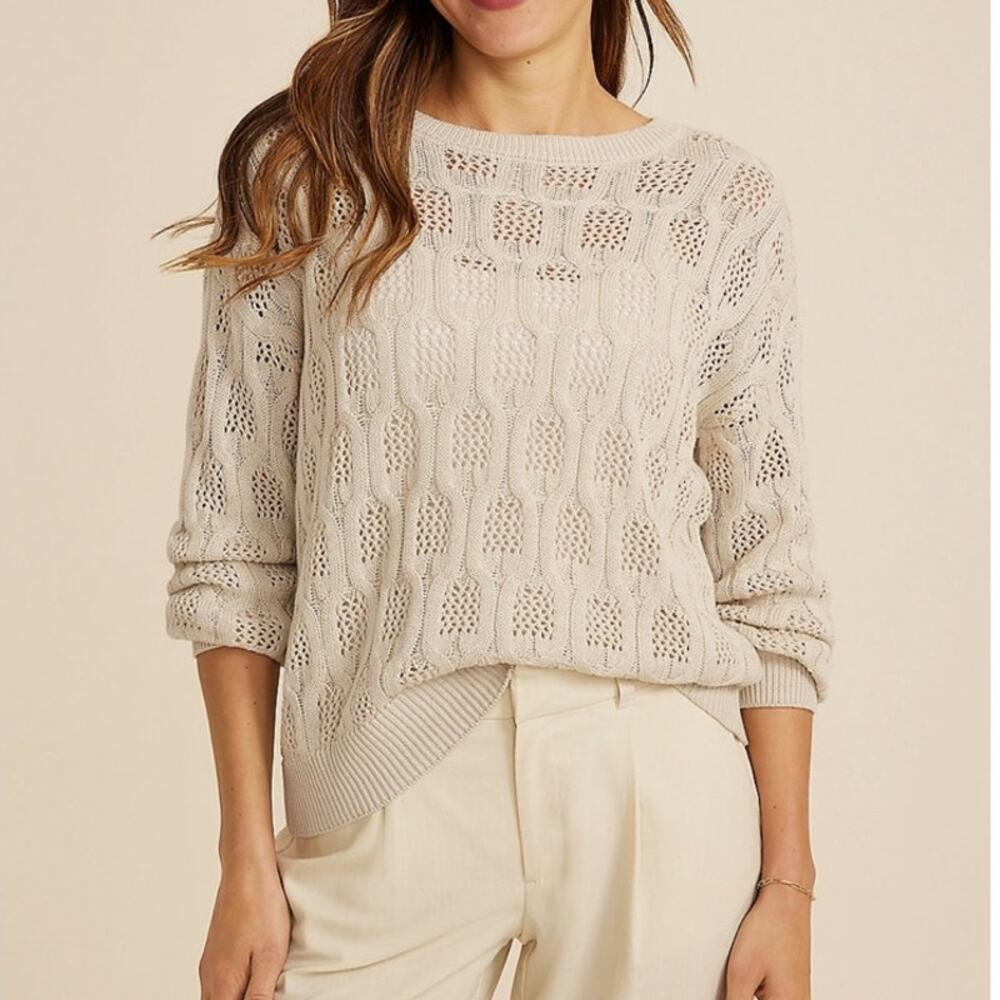 Maurices NWT Mesh Cable Knit Sweater Cream Cotton Sz M Granola Girl Fisherman